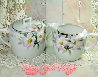 Nippon Cream & Sugar Set, Vintage Nippon Hand Painted Cream and Sugar Set with Pink Lilies, Porcelain Pink Flowers Creamer And Sugar Bowl