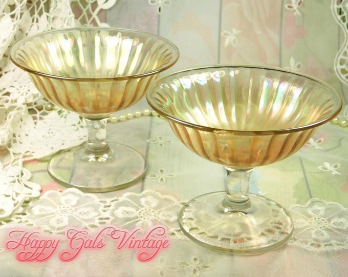 Orange Glass Dessert Cups Set of Two, Fancy Footed Frosted Dessert Glasses in Orange and Clear, Peach Glass Raised Dessert Cups Set of Two