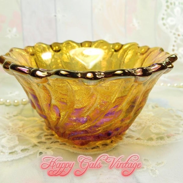 Carnival Glass Candlestick Holder Vintage Amber Yellow Carnival Glass Bowl Candlestick Holder Bowl Golden Iridescent Candlestick Holder Gift