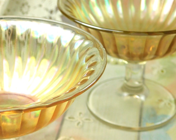 Orange Glass Dessert Cups Set of Two, Fancy Footed Frosted Dessert Glasses in Orange and Clear, Peach Glass Raised Dessert Cups Set of Two