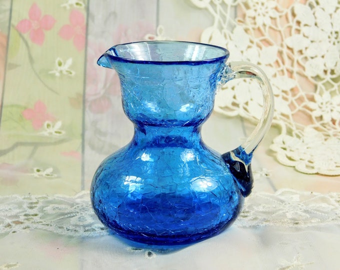 Blue Crackle Glass Pitcher, Vintage Blue Blown Glass Crackle Glass Pitcher, Little Blue Pitcher of Bright Blue Glass, Collectible Art Glass