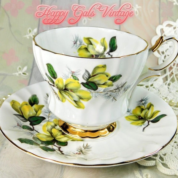 Yellow Magnolia Flowers Teacup & Saucer by Queen Anne, Vintage Bone China White Tea Cup With Yellow Magnolias from England, Yellow Teacup