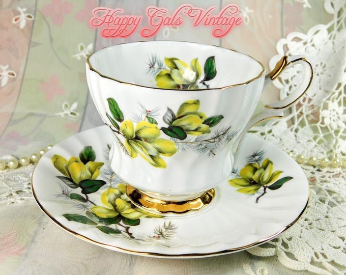 Yellow Magnolia Flowers Teacup & Saucer by Queen Anne, Vintage Bone China White Tea Cup With Yellow Magnolias from England, Yellow Teacup