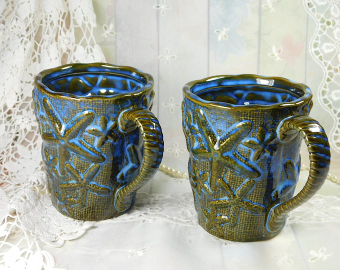 Starfish Mugs, Ceramic Starfish Mugs, Blue and Green Mugs with Starfish Set of 2, Nantucket Ceramic Starfish Mugs Gift for Ocean Beach Lover