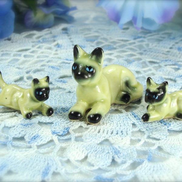 Miniature Family of Siamese Cats Vintage Porcelain Figurines