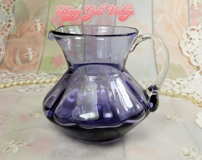 Purple Blown Glass Creamer Pitcher, Small Vintage Dark Purple Transparent Glass Pitcher, Royal Purple Art Glass Collectible Handmade Pitcher