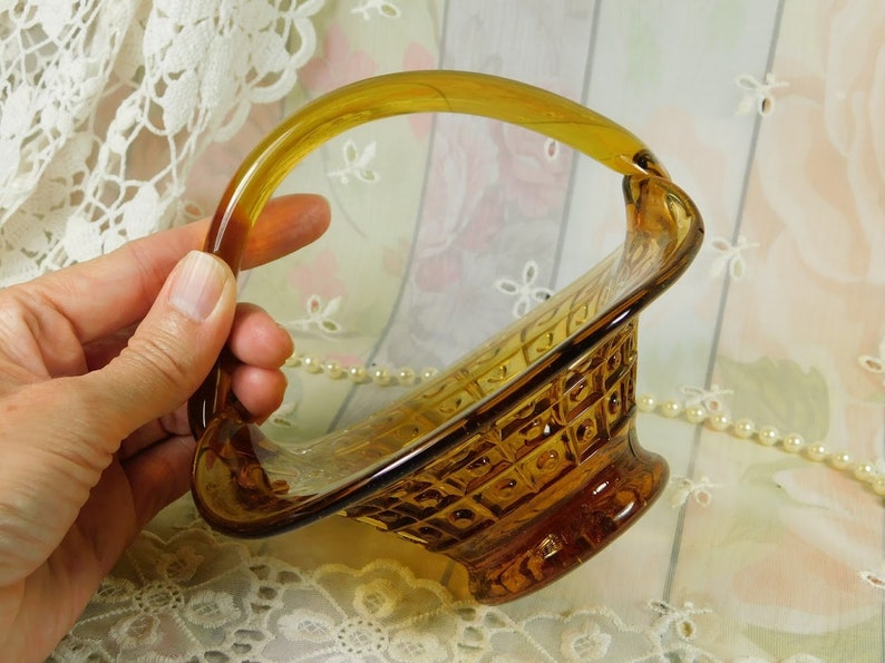 Vintage Glass Basket Amber Yellow Glass Basket Blown Glass Etsy