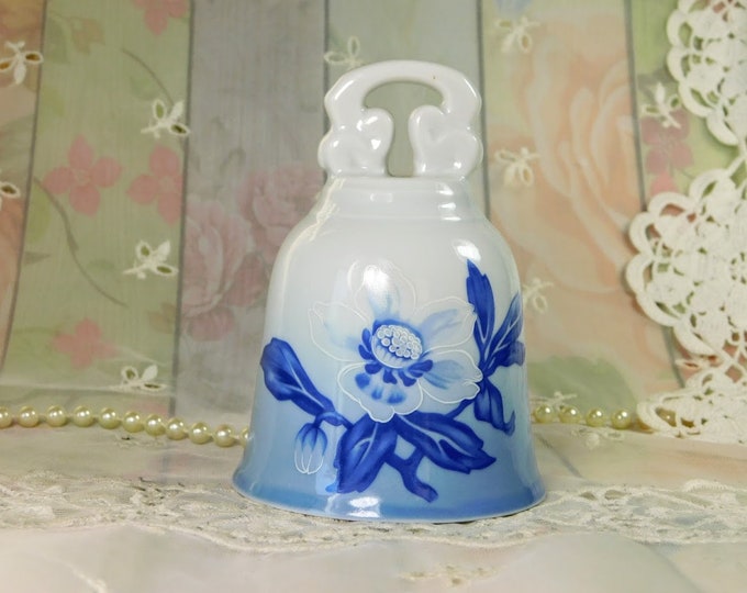 Little Porcelain Bell From the Danbury Mint, Small Ceramic Bell with Blue Flowers Design, Vintage Little White & Blue Porcelain Bell Gift