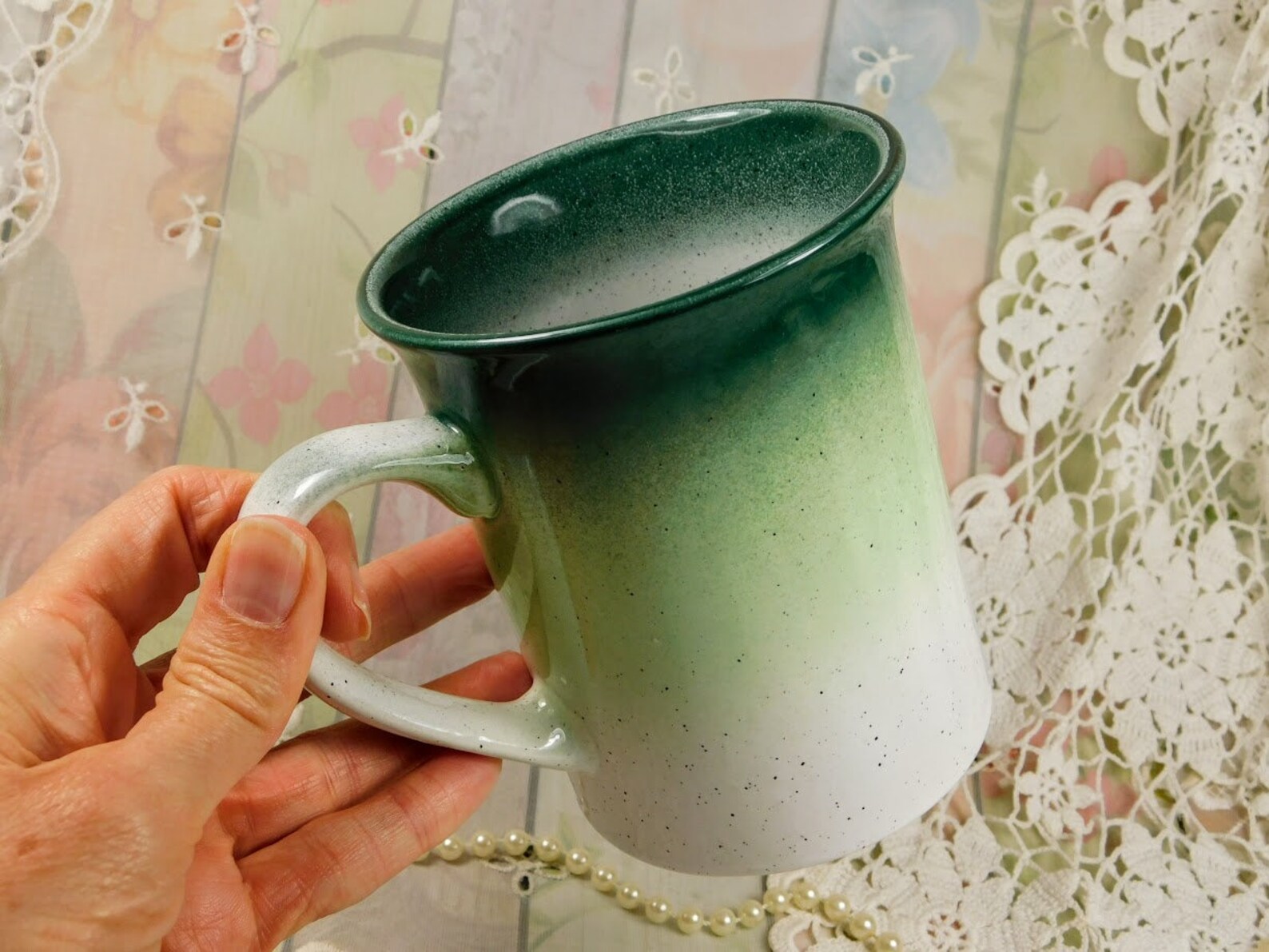 Green Ceramic Mug Vintage Green and White Iron Stone Ceramic Etsy