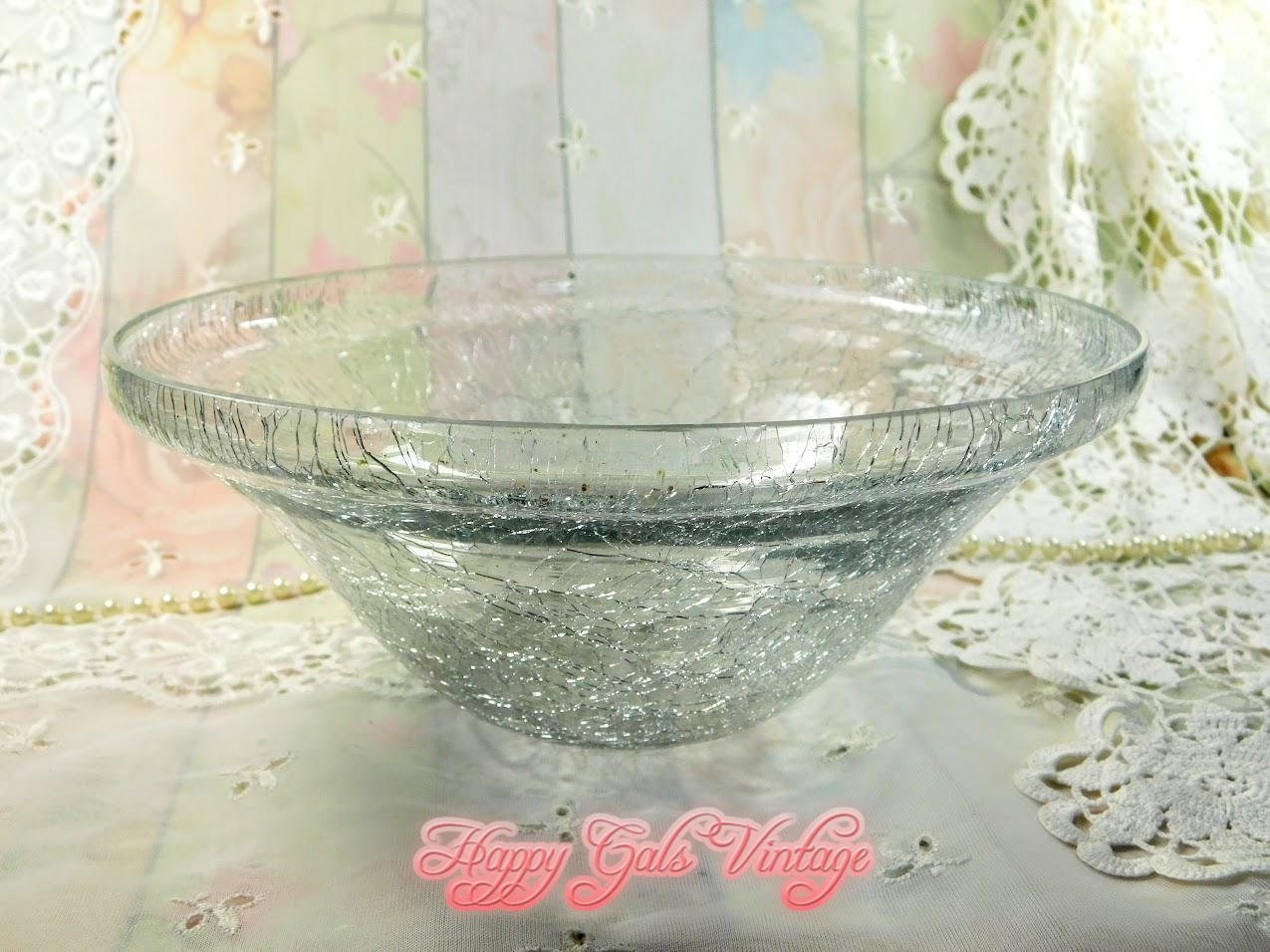 Crackle Glass Bowl, Vintage Clear Crackle Glass Salad Bowl, Clear