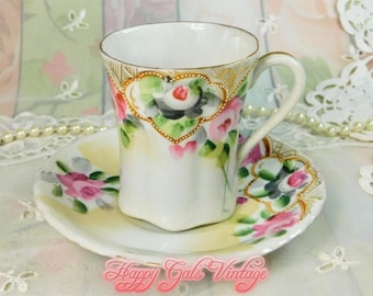 Vintage Demitasse Cup & Saucer with Hand Painted Pink Roses Design From Japan, White and Pink Vintage Porcelain Demitasse Cup and Saucer