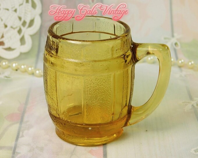 Little Mini Yellow Glass Mug, Very Small Glass Mug in Yellow, Small Pressed Glass Barrel Beer Mug, Glass Mug for Dolls, Tiny Yellow Mug Gift