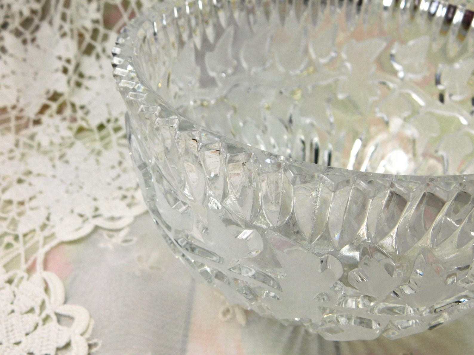 Vintage Cut Crystal Bowl Crystal Bowl with Frosted Leaves Etsy