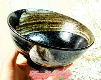 Raku Ceramic Bowl in Earth Tones, Vintage 6" Ceramic Bowl With Dark Brown Raku Finish, Natural Brown Ceramic Large Soup or Cereal Bowl Gift