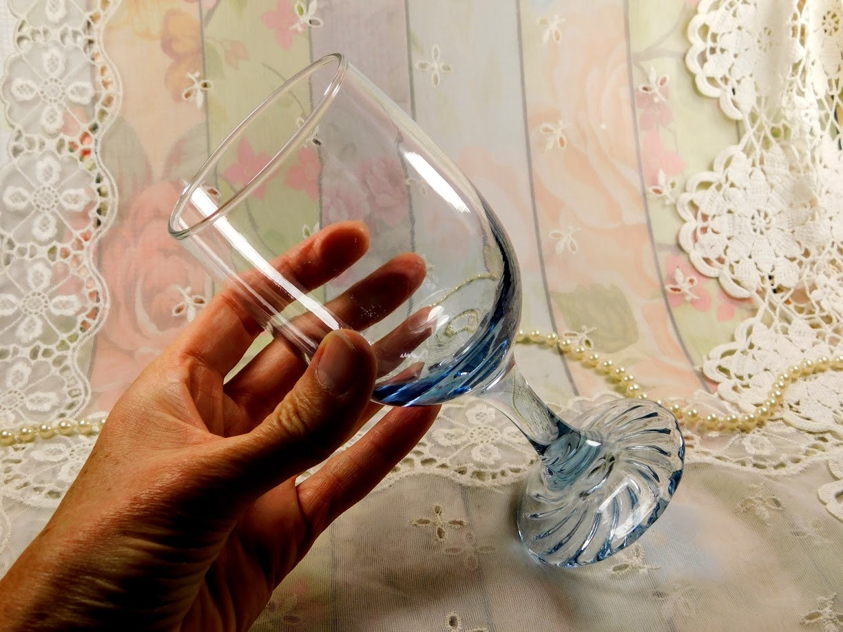 Blue Wine Glasses Set of Two, Vintage Clear Blue Glass Stemware