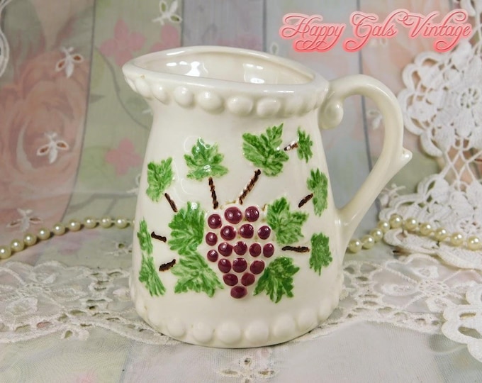 White Creamer With Purple Grapes Design, Vintage Ceramic White Creamer With Raised Purple Grapes, Pretty Little Off White & Green Creamer