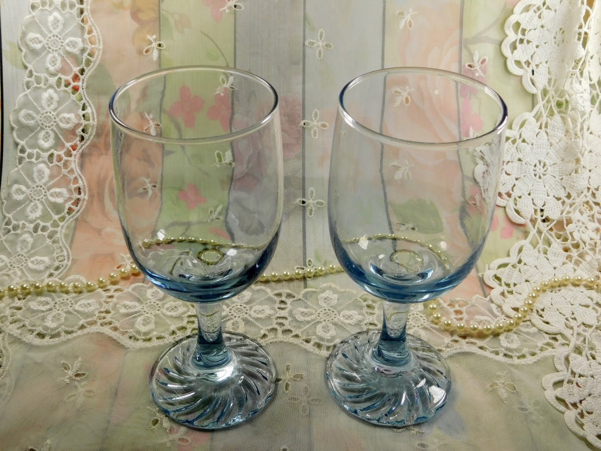 Blue Wine Glasses Set of Two, Vintage Clear Blue Glass Stemware