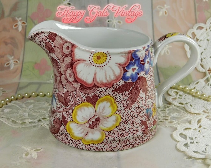 Spode Creamer With Burgundy and Pink Flower Design, Large Vintage Porcelain Creamer With Pretty Floral Design, Cute Sauce or Gravy Pitcher