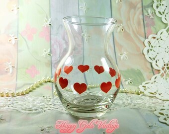Hearts Vase. Little Glass Vase with Red Hearts, Small Clear Glass Vase with Little Red Hearts, Valentines Day Heart Vase, Small Hearts Vase
