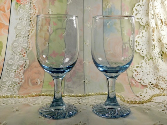 Blue Wine Glasses Set of Two, Vintage Clear Blue Glass Stemware