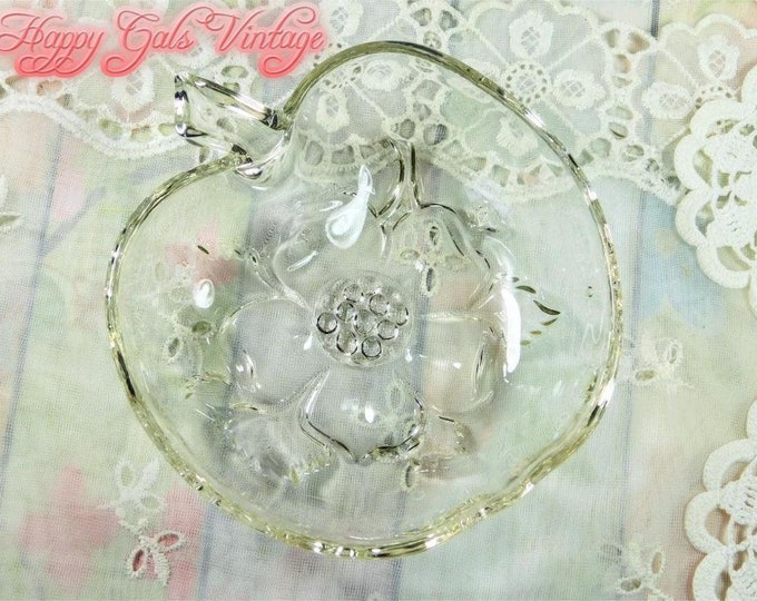 Apple Bowl, Clear Glass Apple Shaped Bowl, Small VIntage Pressed Glass Apple Bowl with Flower Design, Small Pretty Glass Apple Serving Bowl