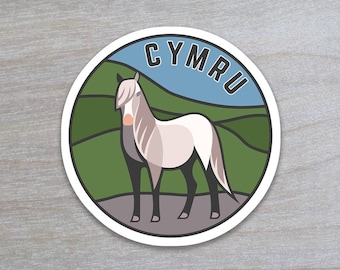 Cymru Welsh Mountain Pony Sticker, Welsh Language Weather Resistant Vinyl Decal, 3in x 3in, Ideal For Water Bottle, Tablet & Car Window