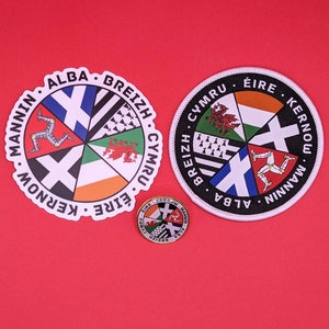 Celtic Nations Flags Pin, Patch & Sticker Set, Featuring the Flags of Wales, Scotland, Cornwall, Isle of Man, Ireland and Brittany