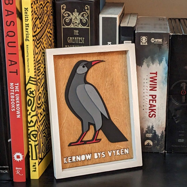 Cornish Chough With Cornwall Forever Motto Wood Panel, Kernow Bys Vyken, Handmade Layered Wood Art Work, 5x7 inch, Ideal For Shelf or Desk