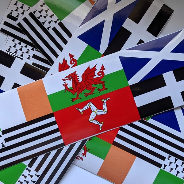 Celtic Nations Flags Bumper Sticker, Ireland, Scotland, Wales, Brittany, Isle of Man, Cornwall, 10x3 Inches Vinyl Car Sticker Decal