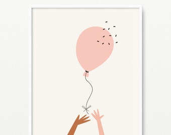 Printable Pink Balloon Nursery Wall Art- Kids room decor- Pdf+Jpeg- 8"x10"- Instant Download- (AP-029)