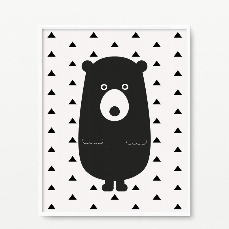 Modern nursery artwork- Triangles pattern Bear giclee print Geometric room decor Black and white wall art wall art A-338
