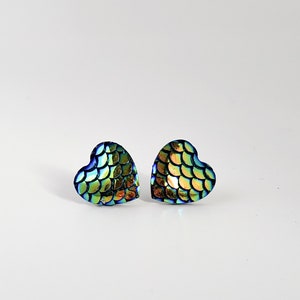 mermaid heart earrings-chrome (mermaid post, mermaid studs, chromatic mermaid earrings, blue green mermaid, fish scales, dragon scales)