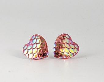 Mermaid heart earrings - pink (mermaid studs, fish scales, fish earrings, dragon, snake, heart earrings