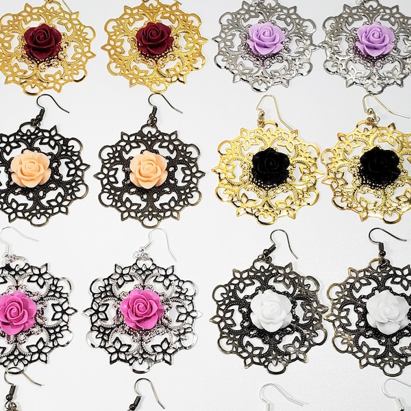 Vintage rose filigree earrings (rose earrings, rose dangle earring, flower earrings)