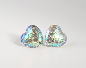 Mermaid heart earrings- clear iridescent (mermaid post, fish scales, fish earrings, dragon, snake, heart earrings)