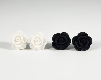 Dainty rose earrings-black or white (black rose earrings, white rose earrings, flower earrings, rose studs, black rose studs, white rose)