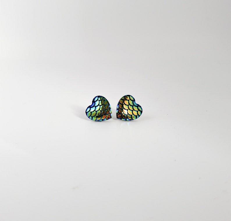 mermaid heart earrings-chrome mermaid post, mermaid studs, chromatic mermaid earrings, blue green mermaid, fish scales, dragon scales