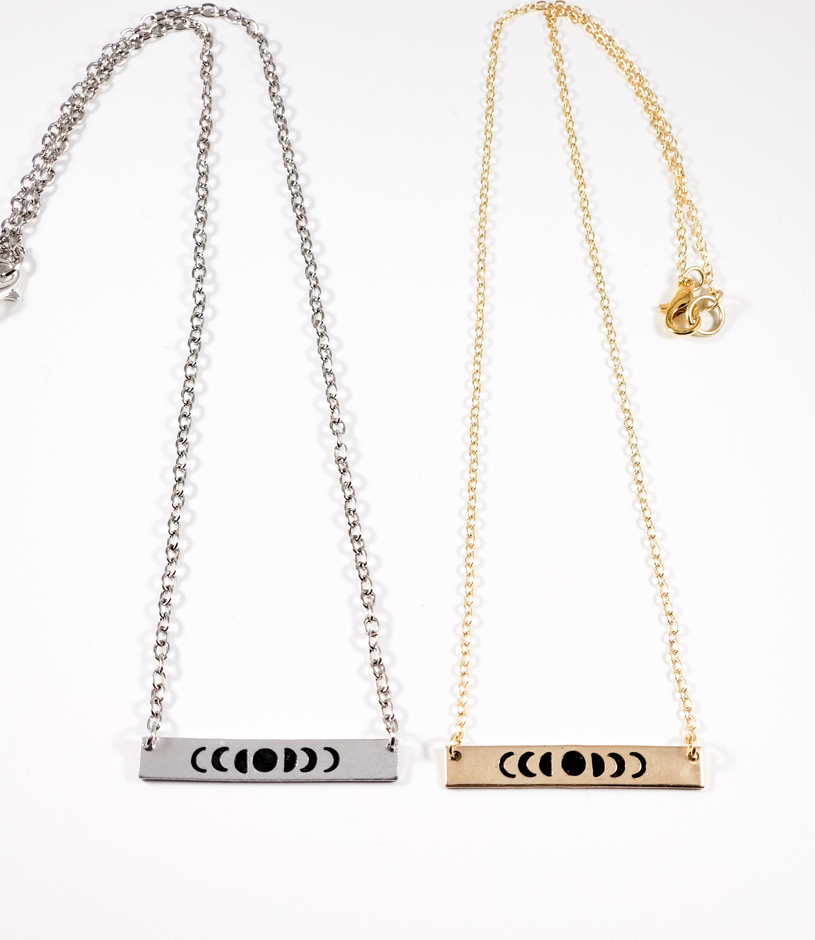 Moon phases bar necklace (silver and gold tone) luna, moon child, full  moon necklace)