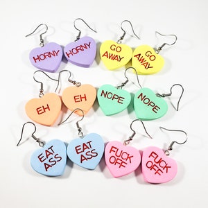 Sassy conversation heart earrings (valentines day earrings, anti valentine earring, feminist earrings, go away earrings)