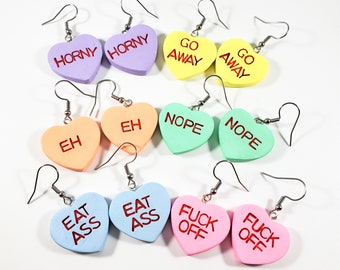 Sassy conversation heart earrings (valentines day earrings, anti valentine earring, feminist earrings, go away earrings)