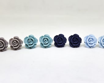 dainty rose earrings (blue roses, light blue rose earrings, rose earrings, gray rose, dark blue, purple)