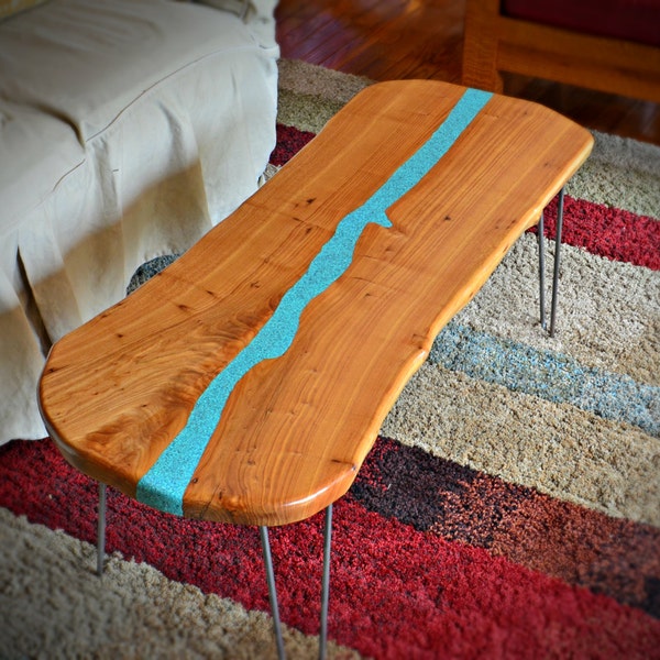 Natural Edge Slab American Elm Coffee Table With Turquoise lnlay