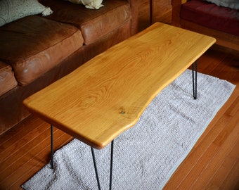 Natural Edge Slab White Oak Coffee Table with Turquoise Inlay