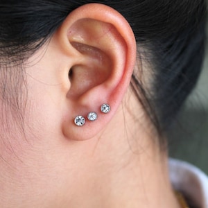 4mm and 3mm Stainless Steel Earrings Stud with Stone, set of 3 pairs, Stainless Steel Stud Earrings Set, Stainless Steel Jewelry