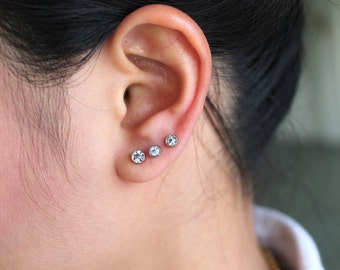 4mm and 3mm Stainless Steel Earrings Stud with Stone, set of 3 pairs, Stainless Steel Stud Earrings Set, Stainless Steel Jewelry