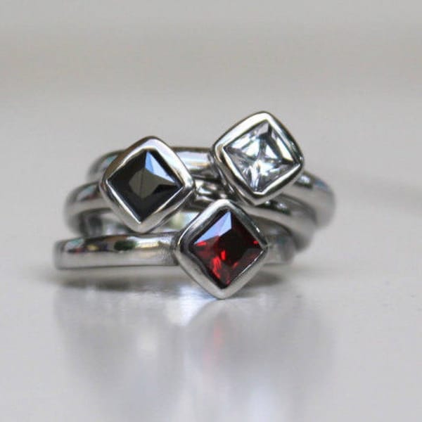 Stack Rings, Rhombus Square Stone Mini Ring, Stainless Steel 316L, Wear it individual or stack with other ring designs!