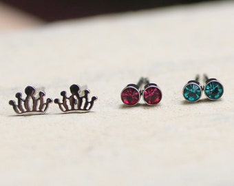 Minimalist Value Pack! Stainless Steel Crown Earrings with 2 pairs of Studs 2.50mm Round Austrian Crystal