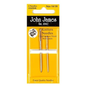 May include: A yellow packet of John James Knitters Needles, size 14/18, containing two silver needles. The packaging features black and white text, including "Finest Quality Needles" and "Est. 1840".