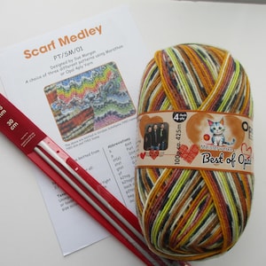 May include: A skein of variegated yarn in shades of orange, yellow, green, and brown, labelled Best of Opal 4-ply, alongside a pair of 3.75 mm knitting needles and a printed Scarf Medley pattern sheet with instructions for knitting a colourful scarf.