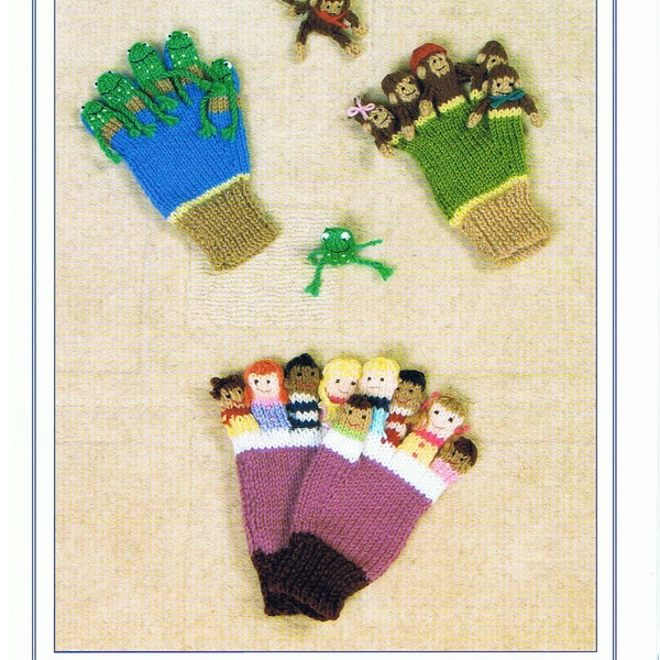 Knits and Pieces Pattern,  kids gloves pattern,  Knitted gloves pattern, Finger puppet gloves, frog glove pattern, monkey glove pattern